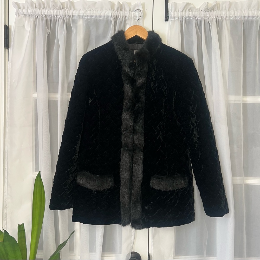 Alpine Studio Black Criss Cross Lattice Silk Blend Faux Fur Jacket Size Medium